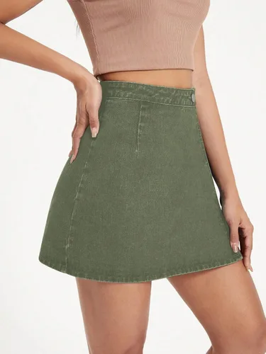Vista 3 de WDIRARA Minifalda de mezclilla de cintura alta para mujer, acampanada, con botones