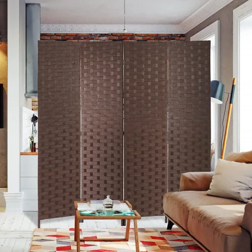 Vista 9 de Divisor de ambientes de 6 pies, pantalla plegable de 4 paneles, separadores de pared plegables portátiles, artesanías de madera de ratán de madera