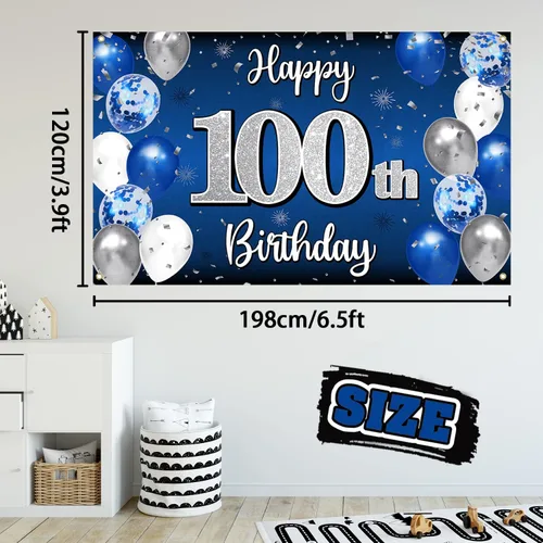 Vista 2 de Decoración de feliz cumpleaños número 100, globo azul y plateado grande cartel de fondo de cumpleaños de 100 años - Suministros para fiesta