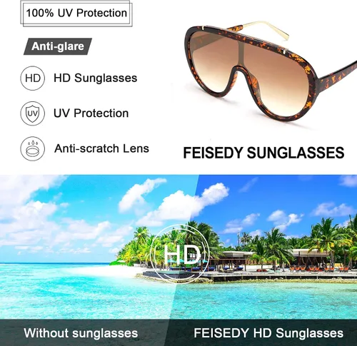 Vista 3 de FEISEDY Gafas de sol para mujer, de gran tamaño, marco de una pieza, UV400, gafas de sol de moda, retro, sombras B2580