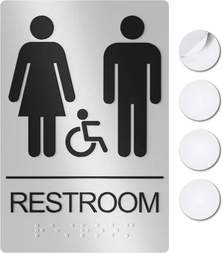 Vista 15 de Letreros unisex de baño, letrero de baño para negocios, para hombres y mujeres, 9 x 6 pulgadas, compatible con la ADA con Braille, adhesivos fuertes