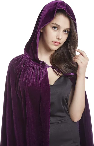 Vista 7 de Capa de terciopelo con capucha, capa unisex para disfraz de Halloween para mujeres y hombres (morado)