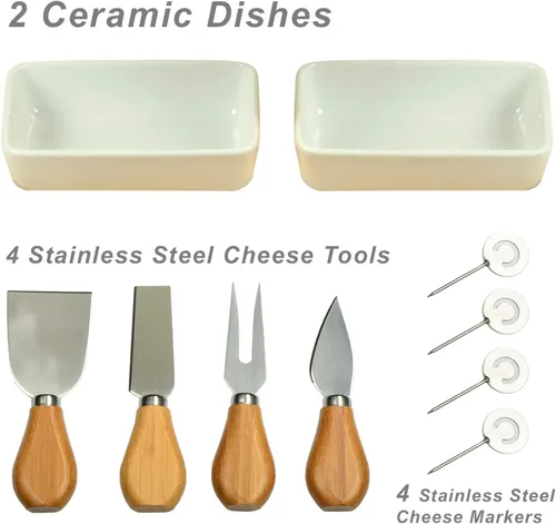 Vista 5 de Tabla de cortar de queso/embutidos de bambú grabada personalizada con cuencos de cerámica, herramientas de queso y marcadores de queso, diseñada