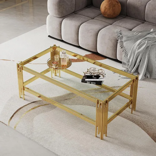 Vista 41 de Mesa de centro de cristal de lujo, mesa de centro de sofá de 47 pulgadas con marco de acero inoxidable dorado y parte superior de vidrio negro, mesa