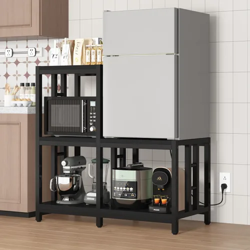 Vista 4 de Mini soporte para refrigerador con almacenamiento con toma de corriente, soporte para horno de microondas, estante para panaderos con estante