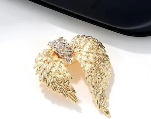 Vista 2 de Broche de oro ala de ángel con diamantes de imitación para mujer, joyería de moda, accesorios de decoración de ropa