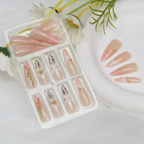 Vista 6 de Uñas largas a presión con estampado de leopardo de aguja rosa y blanco, punta francesa, uñas postizas a presión con diseño de bolas de acero