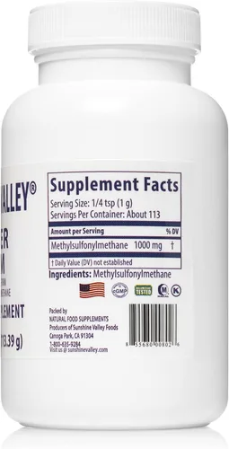Vista 3 de Sunshine Valley Polvo Super MSM (Metilsulfonilmetano), sin sabor, 4 oz