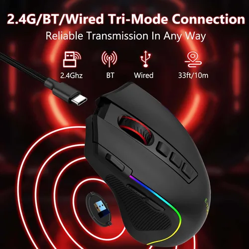 Vista 8 de E-YOOSO - Ratón inalámbrico Premium Bluetooth versátil, 8000 DPI, 6 retroiluminado RGB, USB C recargable, ergonómico, 2.4G/BT/con cable, tecla