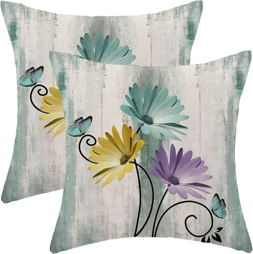 Vista 22 de Juego de 2 fundas de almohada florales de color salvia de 16 x 16 pulgadas, fundas de almohada decorativas con flores de margarita y mariposas