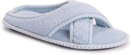 Vista 12 de MUK LUKS Zapatillas Ada de chenilla con banda cruzada para mujer, color blanco margarita Blanco (Daisy White)