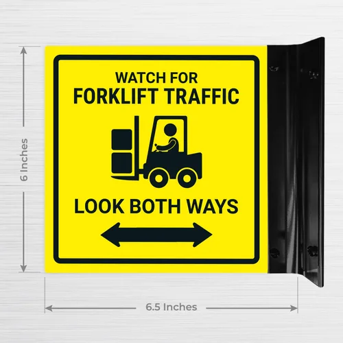 Vista 6 de Reloj para carretilla elevadora Tráfico Look Both Ways Projecting Sign, doble cara, 6x6 pulgadas, ACM, con accesorio negro satinado, fabricado