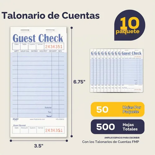 Vista 2 de FMP Brands Libros de cheques de invitados para servidores, papel de bloc de notas de servidor, total de 500 hojas (10 blocs), azul con recibo
