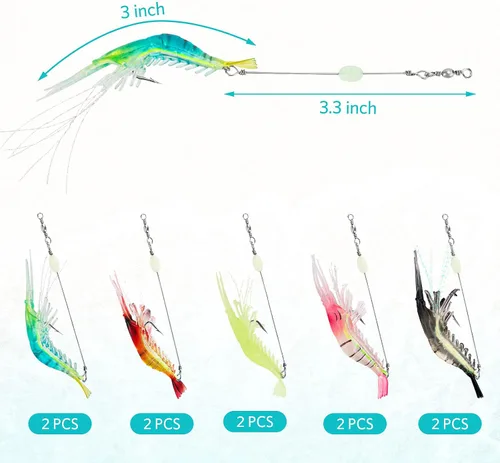 Vista 4 de Juego de 10 señuelos de pesca de agua salada para camarones, aparejos de pesca de camarones suaves de alta calidad con ganchos afilados luminosos