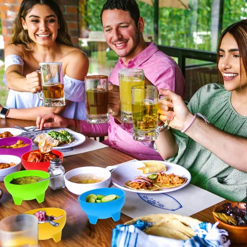 Vista 5 de meekoo Cuencos de salsa mexicanos multicolor de 4.5 pulgadas de diámetro, vajilla mexicana de plástico para tacos, dulces, chips, aperitivos