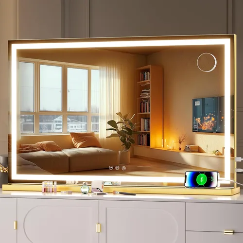 Vista 19 de Hasipu Espejo de tocador con luces, espejo LED de maquillaje de 31.5 x 22 pulgadas, espejo de maquillaje iluminado con 3 modos regulables, espejo