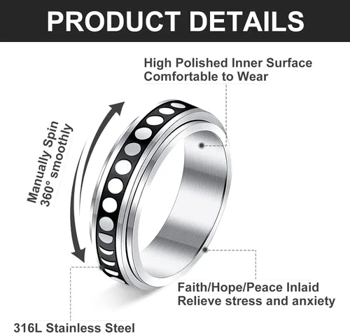 Vista 2 de BiCINE Anillo para la ansiedad para mujeres y hombres 8 unidades anillos para la ansiedad de acero inoxidable anti ansiedad anillos giratorios