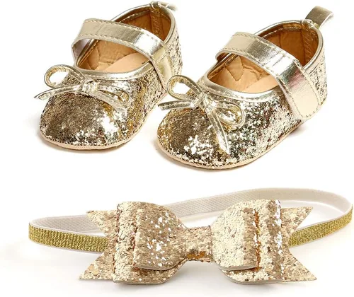 Vista 4 de Zapatos planos Mary Jane para bebé con diadema de lazo, vestido de princesa floral para bebé, suela suave, zapatos de cuna antideslizantes