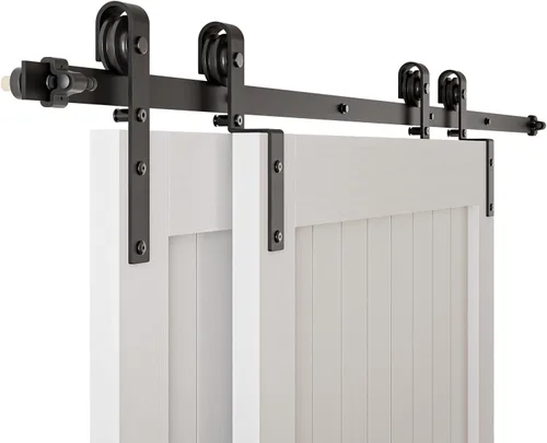 Vista 8 de CCJH Kit de herrajes para puerta corrediza de granero de 4 pies para 2 puertas, sistema de riel de un solo riel deslizante suavemente