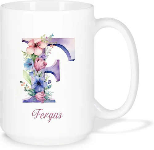 Vista 17 de Taza de café personalizada de la letra A del alfabeto, Taza de café blanca con nombre personalizado único, Taza inicial de monograma floral
