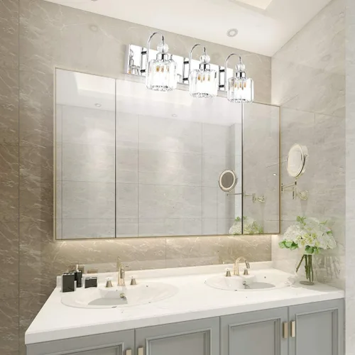 Vista 4 de Ralbay Modernas luces LED de cristal para tocador de baño, 3 luces de acero inoxidable, luces de tocador de cristal sobre el espejo, accesorios