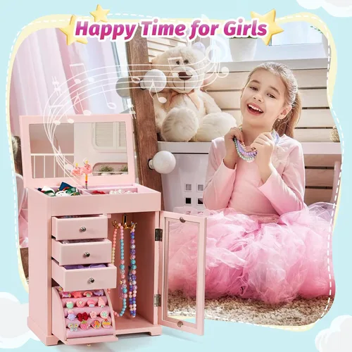 Vista 3 de Miratino Joyero musical para niñas, joyero para niños con bailarina giratoria, cajas grandes de madera de 5 capas de joyería y organizadores