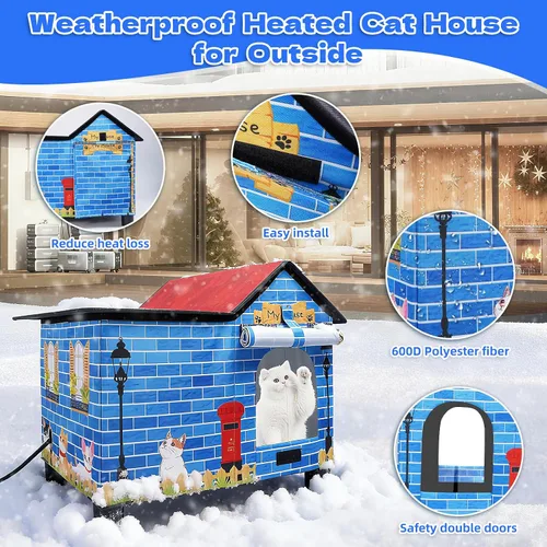 Vista 5 de Casa Grande con Calefacción para Gatos de Exterior, Casa Elevada para Gatos al Aire Libre Resistente a la Intemperie con Almohadilla Térmica