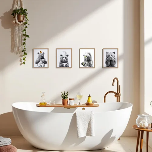 Vista 3 de OFJE Juego de 4 impresiones artísticas divertidas de oso para pared, divertidas imágenes de oso para baño, baño, baño, 8 x 10 pulgadas, sin marco