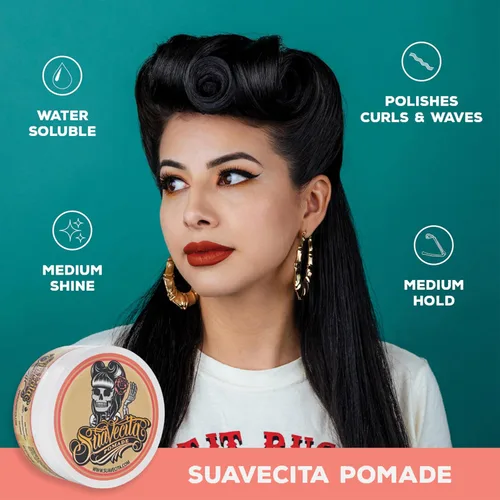 Vista 5 de Suavecita - Pomada para mujer, lata de 2.3 onzas, sujeción media, alto brillo, a base de agua, sin escamas como la cera, peinados de gel sin cabello