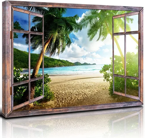 Vista 9 de Cuadro de pared con ventana de playa, paisaje oceánico, decoración de pared, paisaje costero, gaviota, impresiones en lienzo, pintura tropical