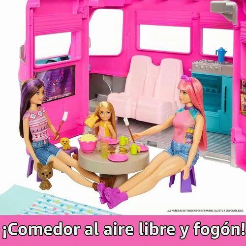 Vista 6 de Barbie Camper, juego de muñeca con 60 accesorios, tobogán de 30 pulgadas y 7 áreas de juego, Dream Camper