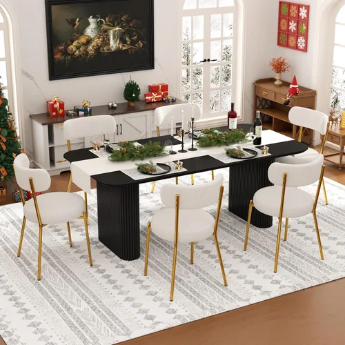 Vista 23 de Juego de mesa de comedor ovalada negra moderna de 70.9 pulgadas para 4, mesa de cocina rectangular estilo crema con sillas negras Boucle, juego
