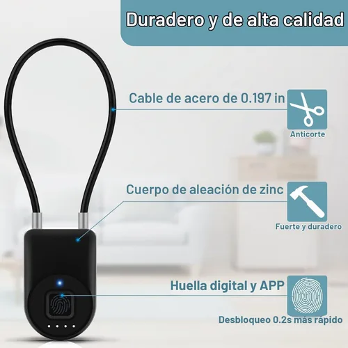 Vista 5 de Candado de Cable con Huella Dactilar, Candado con Grillete Largo de 3.6 Pulgadas con Aplicación Bluetooth, Candado Inteligente Biométrico Sin Llave