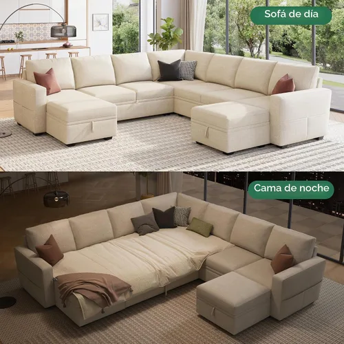 Vista 3 de HONBAY Sofá seccional modular con cama extraíble, sofá cama con forma de U extraíble con secciones de almacenamiento para sala de estar - Beige