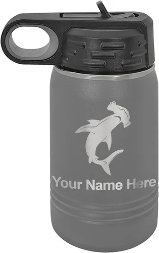 Vista 70 de LaserGram Botella de agua personalizada, tiburón martillo, acero inoxidable de doble pared aislada al vacío con popote superior, regalo grabado