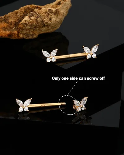 Vista 3 de Jewseen Anillos de pezón de oro macizo de 14 quilates, 2 piezas, barra de pezón de 14G, joyería para pezón de mariposa para mujeres y hombres