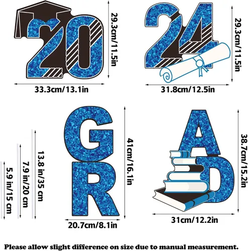 Vista 2 de URATOT 4 letreros azules de graduación 2024 con estacas brillantes de graduación para césped de graduación de clase de 2024, decoraciones de fiesta