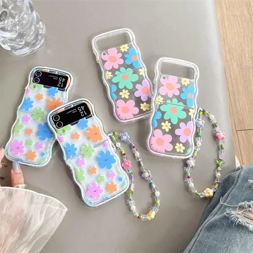 Vista 5 de Funda femenina para Samsung Galaxy Z Flip 4 con estampado de flores rosas y correa de cuentas, diseño de flores y marco rizado Kawaii para Z Flip 4