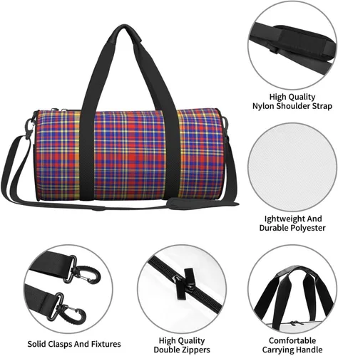 Vista 4 de Large Duffle Bag for Travel - Retro Purple Red Plaid Print Gym Bag for Women Men, Travel Foldable Bags for Women Men with Zippered Multiple Pockets