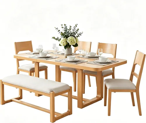 Vista 14 de Juego de mesa de comedor rústica de 6 piezas con mesa rectangular de caballete y 4 sillas tapizadas y banco, juego de mesa de comedor de cocina