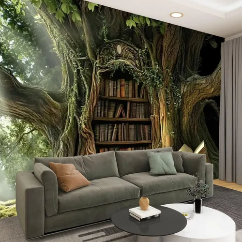 Vista 5 de Murales modernos para papel pintado 3D petrificado árbol arroyo ambiente antiguo oculto estantería abierta libro abierto despegar y pegar