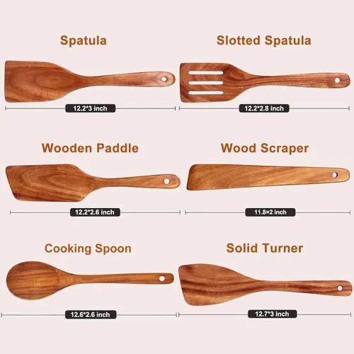 Vista 13 de Espátula de madera de acacia para cocinar cuchara no tóxica juego de 4 piezas