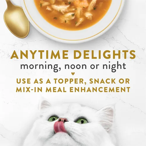 Vista 4 de Purina Fancy Feast Lickable - Aderezo en caldo de alimento húmedo para gatos con crema de mariscos y camarones (paquete de 16 unidades) bolsitas