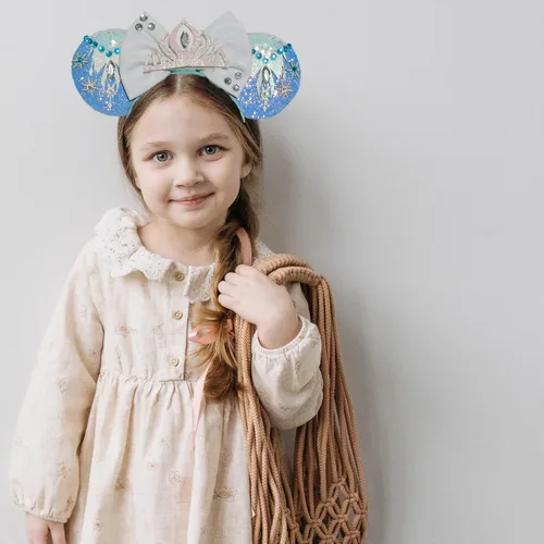 Vista 6 de Diademas de orejas de ratón, diadema de tiara de Elsa de Frozen para niñas, diademas con lazo con purpurina para mujeres y adultos, disfraz