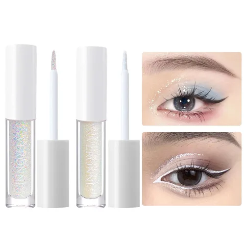 Vista 8 de Juego de maquillaje de lentejuelas líquidas en gel holográfico y delineador de ojos plateado, 2 piezas, resaltador líquido brillante, resistente al