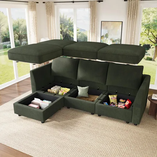 Vista 5 de HONBAY Sofá seccional modular con almacenamiento en forma de L sofá seccional, sofás convertibles para sala de estar - verde