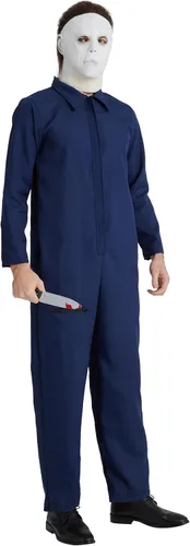 Vista 3 de Maxim Party Supplies Disfraz de terror de lujo para hombre, incluye mono, máscara espeluznante con pelo, cuchillo de juguete para cosplay, Halloween