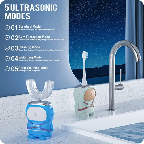 Vista 3 de RexCodar Cepillo de dientes eléctrico ultrasónico en forma de U para niños, IPX7 impermeable, cinco modos de limpieza, astronauta de dibujos