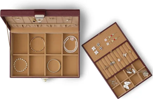 Vista 6 de Vlando Joyero para mujeres y niñas organizador de joyas grande de 2 capas soporte de joyería de piel sintética con bandeja extraíble para collares