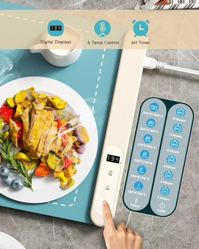 Vista 2 de Tapete de calentamiento para alimentos, calentador de alimentos esenciales para el hogar, 6 ajustes de temperatura y temporizador, calentamiento